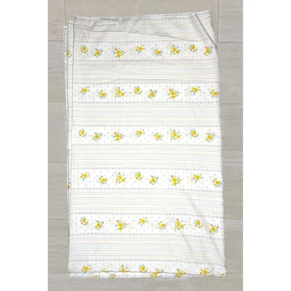 Vtg Thomaston Full Size Sheet Set 3pc White Floral Stripe Fitted Flat Pillowcase